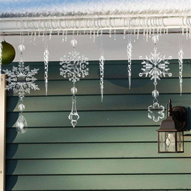 Clear acrylic icicle ornaments hanging on Christmas tree