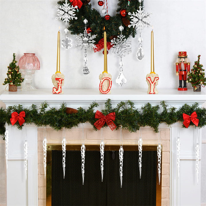 Clear acrylic icicle ornaments hanging on Christmas tree