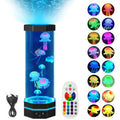 Jellyfish lamp glowing blue in bedroom