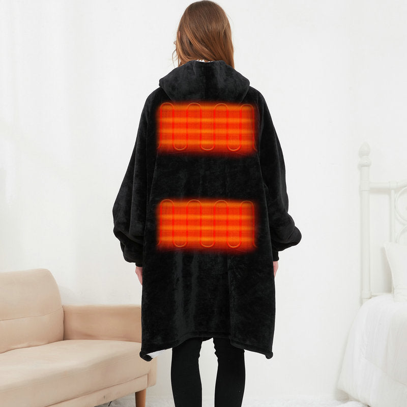 Person in a heated hoodie blanket