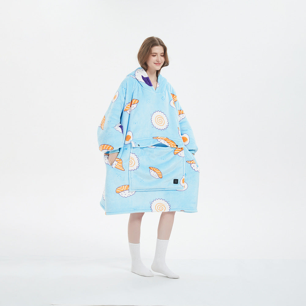 Person in a heated hoodie blanket