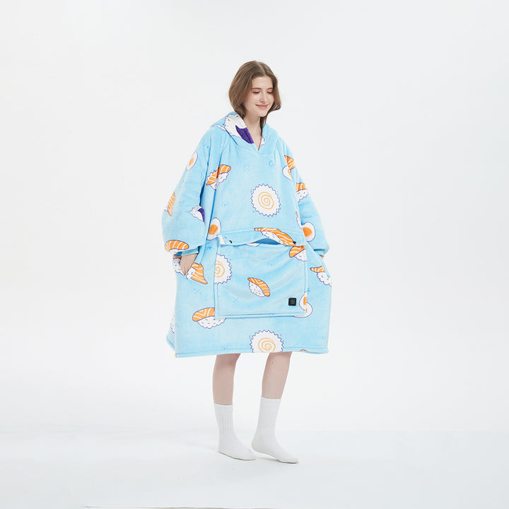 Person in a heated hoodie blanket