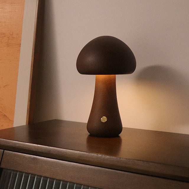 Wooden mushroom night light glowing