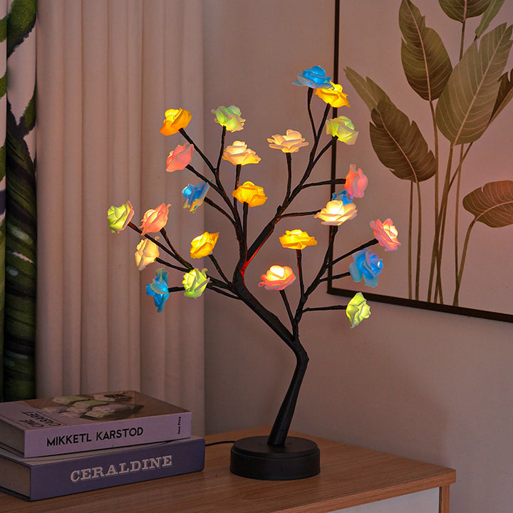 Rose tree lamp with glowing LED roses