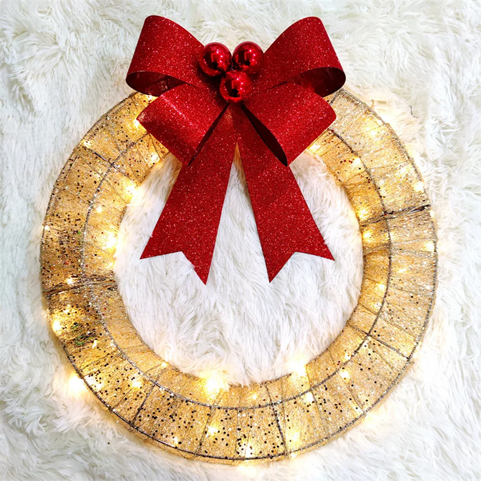 Elmvora Light-up tinsel Christmas wreath with big red bow