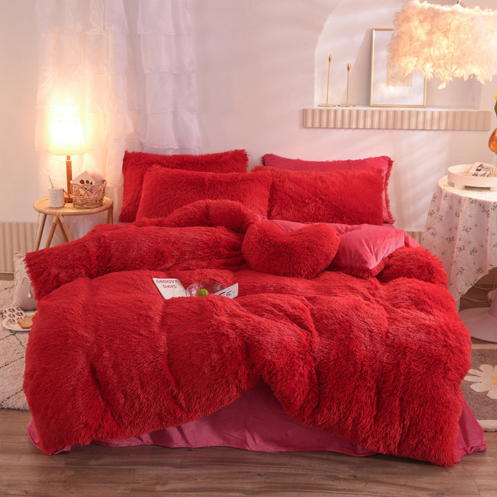 Fluffy plush bedding set on a double bed