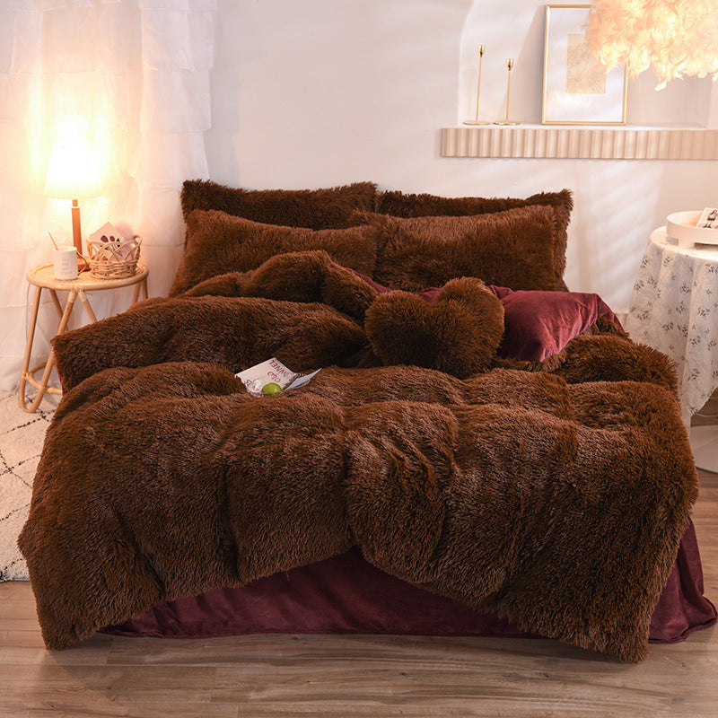 Fluffy plush bedding set on a double bed
