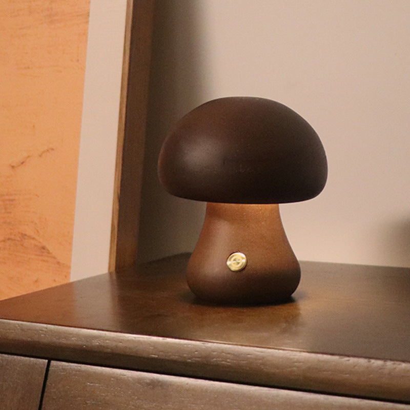 Wooden mushroom night light glowing