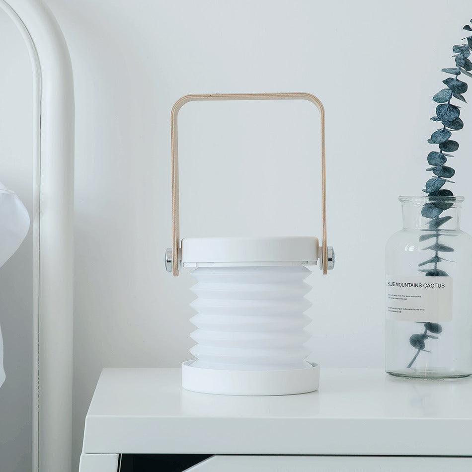 Foldable lantern night light with wooden handle