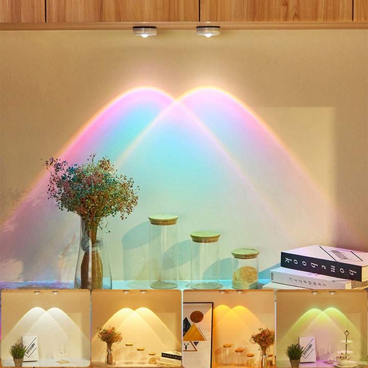 Round light casting sunset glow on wall