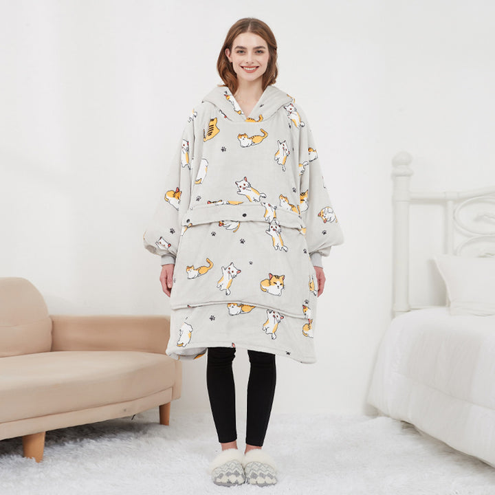 Person in a heated hoodie blanket