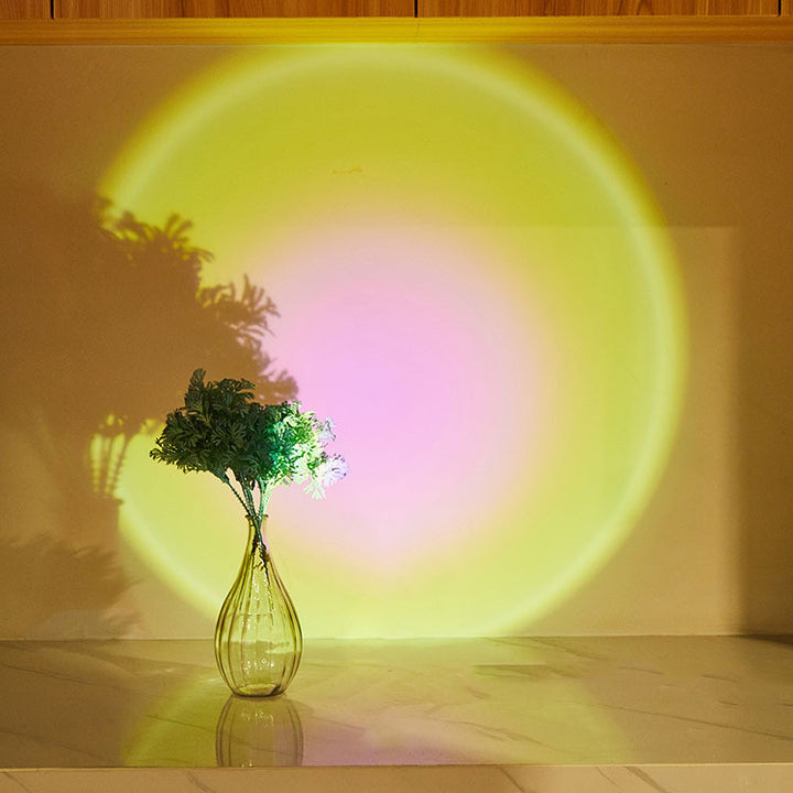Round light casting sunset glow on wall