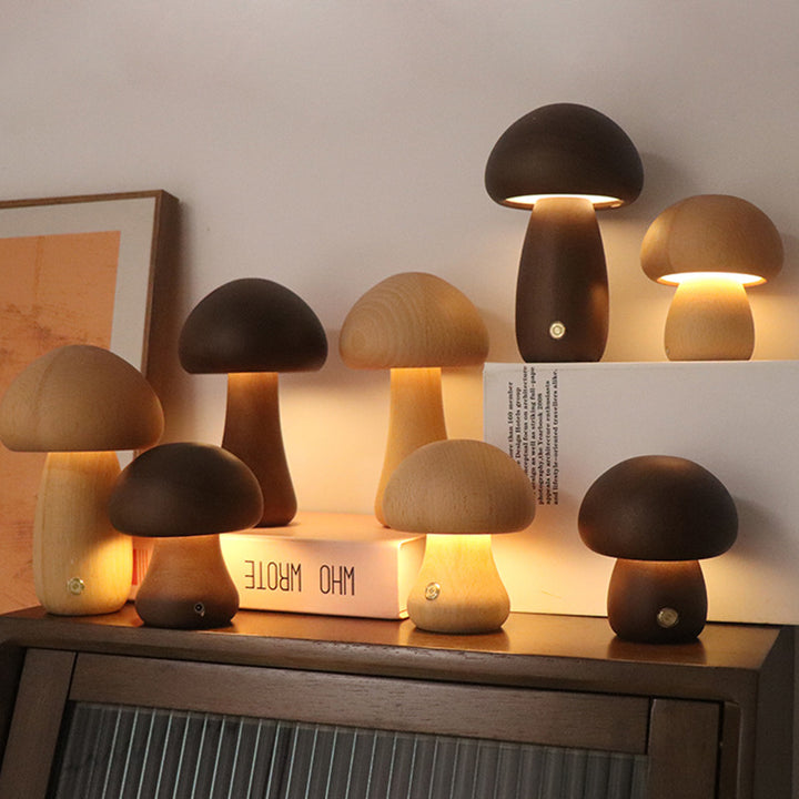 Wooden mushroom night light glowing