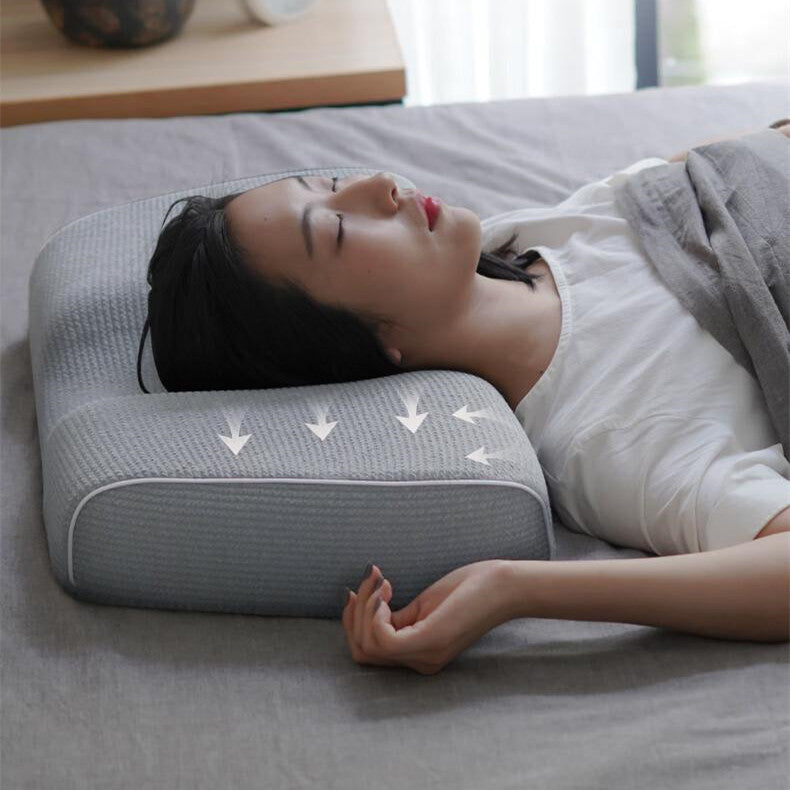 Grey memory foam pillow with knitted cover