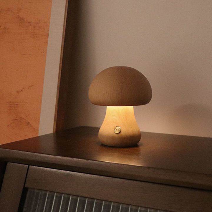 Wooden mushroom night light glowing