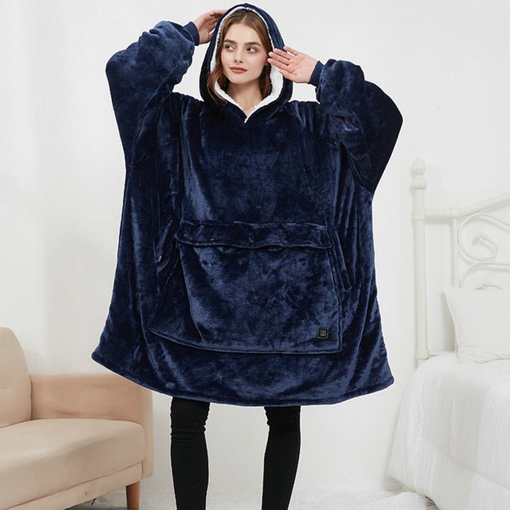 Person in a heated hoodie blanket