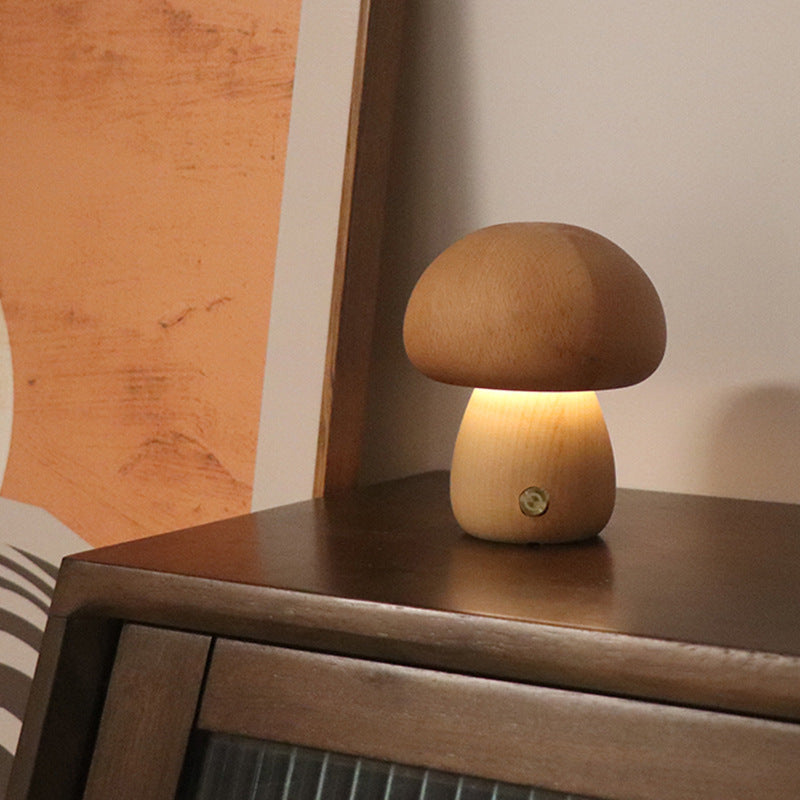 Wooden mushroom night light glowing