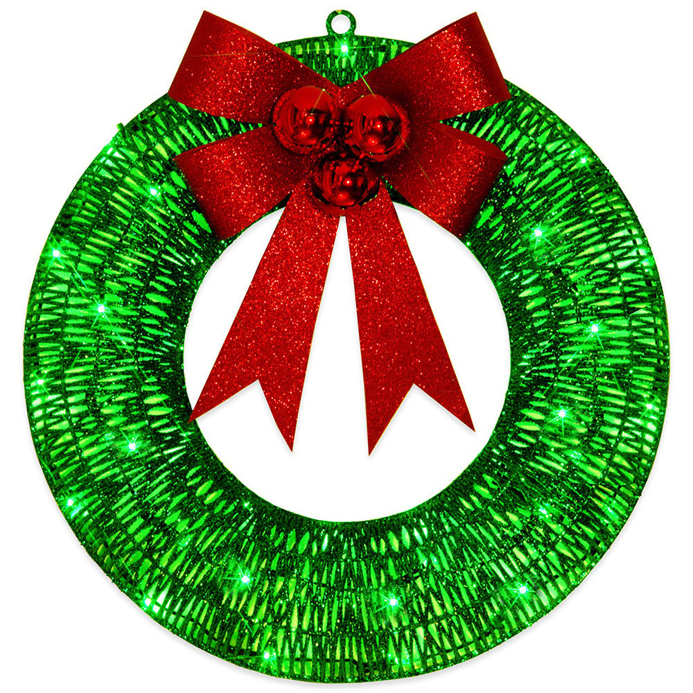 Gold tinsel wreath with lights and red bow