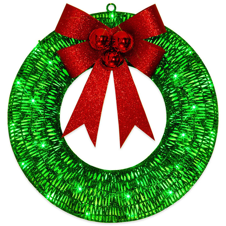 Gold tinsel wreath with lights and red bow