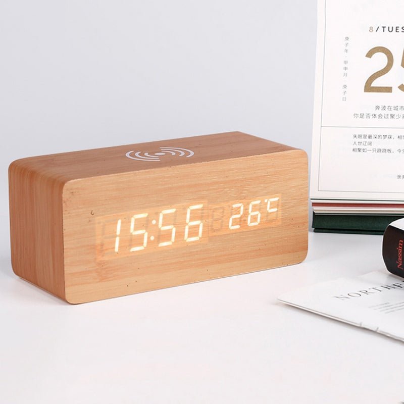 Wood Electric Alarm Clock with Wireless Charging Pad